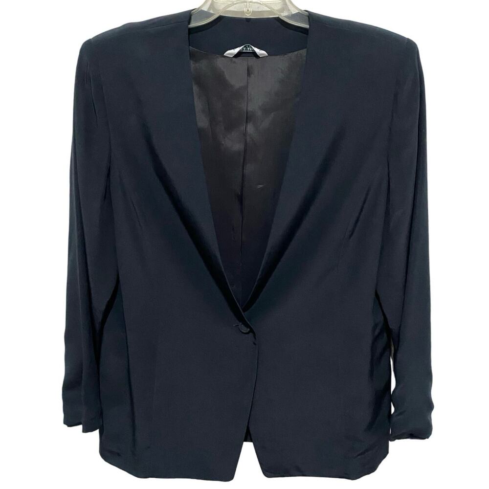 Laura Ashley Blazer SIZE 12 Black Silk Collarless Suit Jacket Single-Breasted